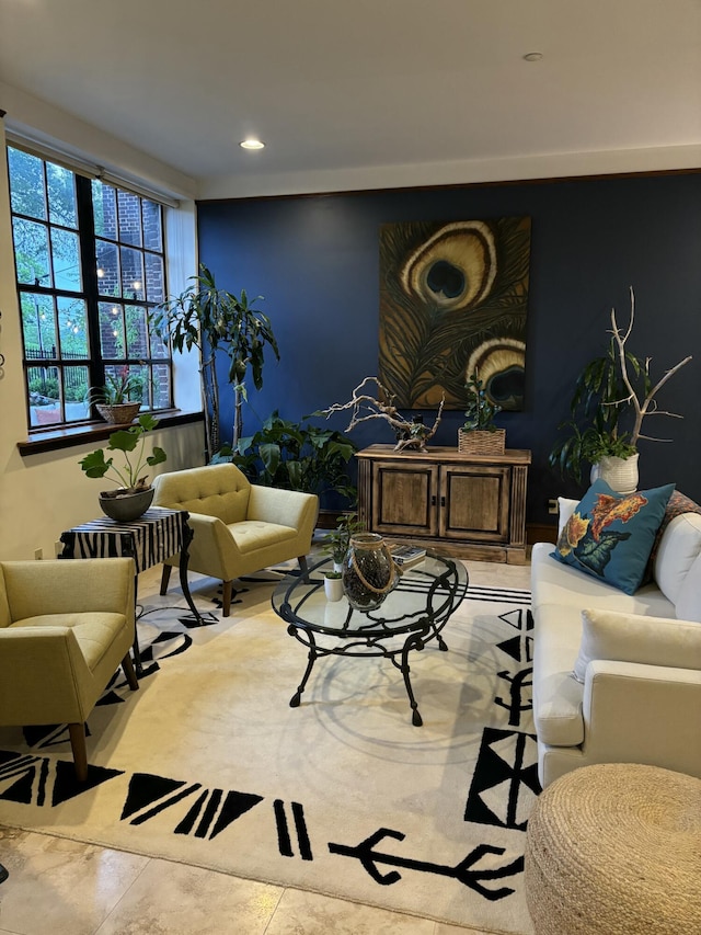 living room with recessed lighting