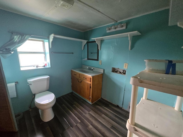 bathroom with hardwood / wood-style floors, vanity, and toilet