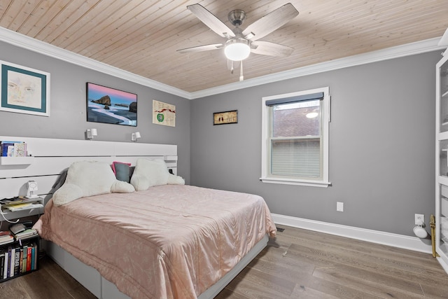 bedroom featuring ceiling fan, wooden ceiling, hardwood / wood-style flooring, and ornamental molding