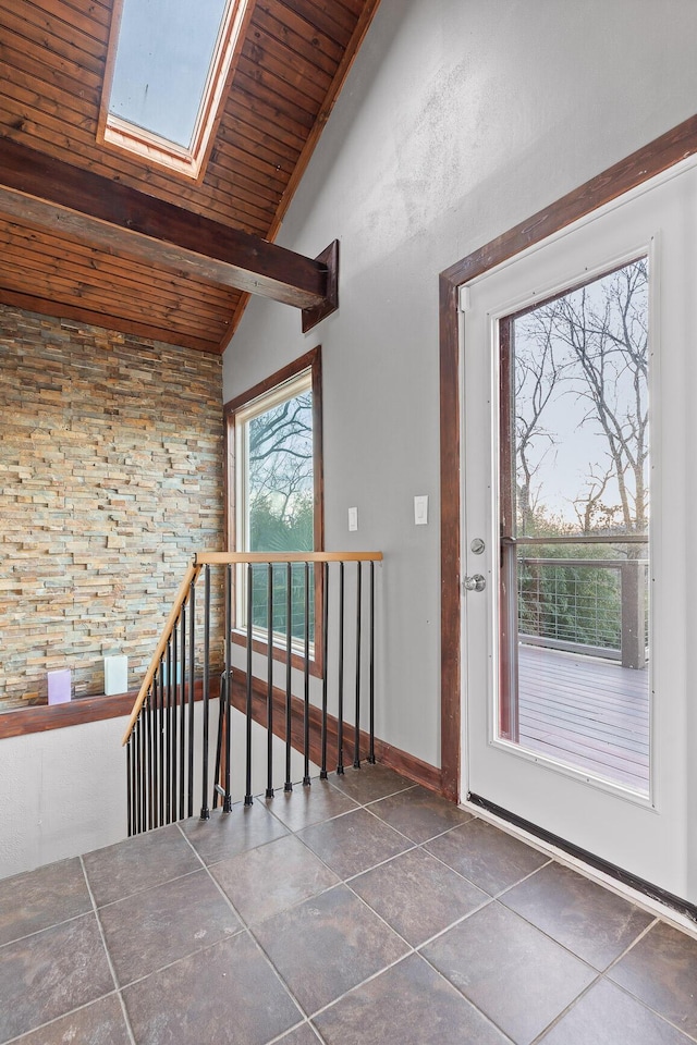 interior space with lofted ceiling with skylight and wooden ceiling