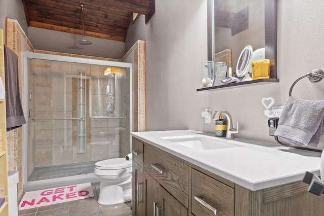 bathroom with vanity, toilet, a shower with shower door, and wooden ceiling