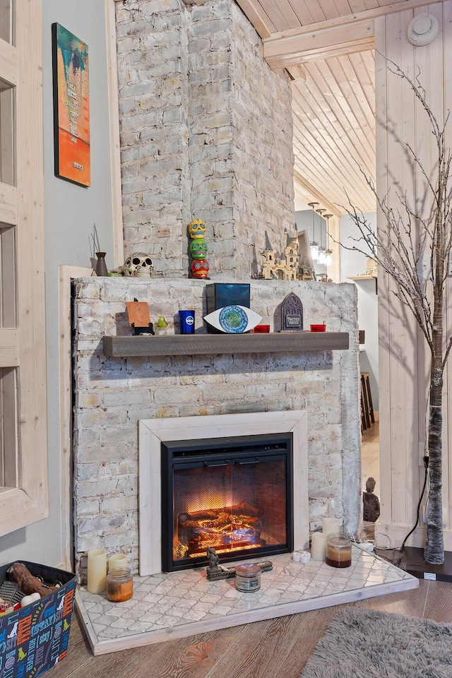 details featuring a stone fireplace