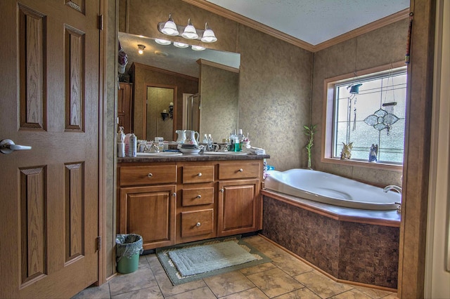 bathroom with tile patterned floors, vanity, a relaxing tiled tub, and crown molding