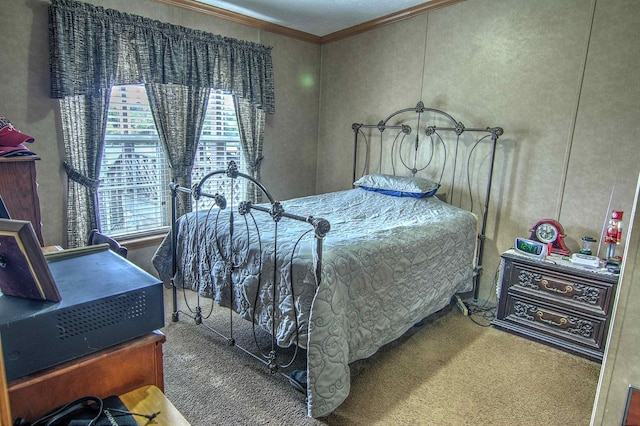 carpeted bedroom with ornamental molding