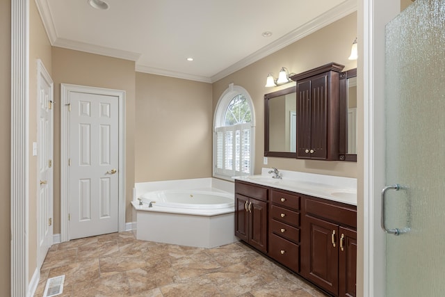 bathroom with vanity, ornamental molding, and shower with separate bathtub