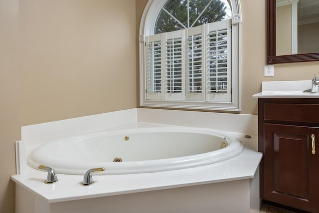 bathroom with vanity and a washtub