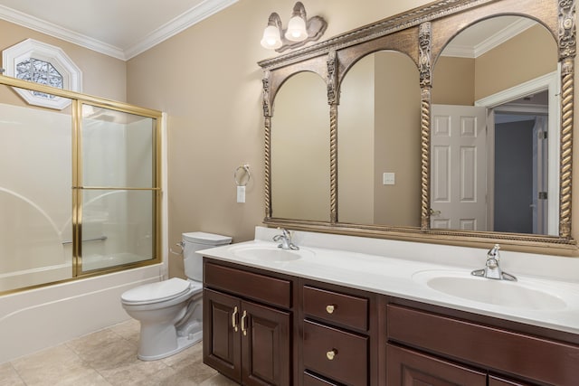 full bathroom featuring vanity, shower / bath combination with glass door, toilet, and ornamental molding