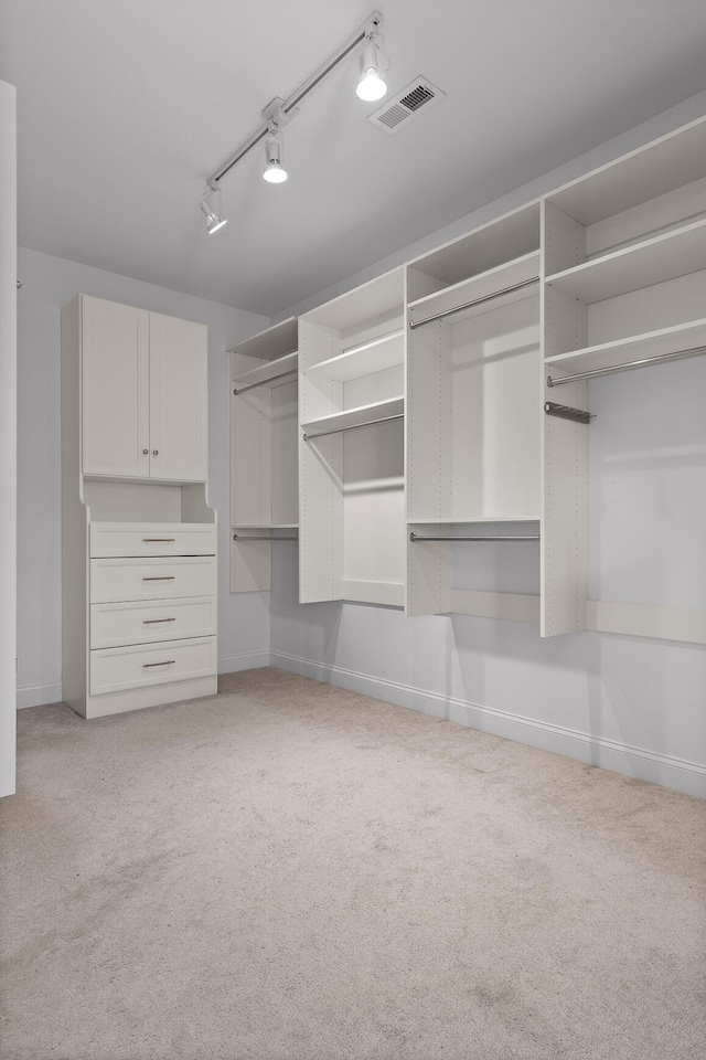 walk in closet with light colored carpet