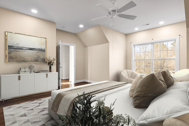 bedroom with ceiling fan and wood-type flooring