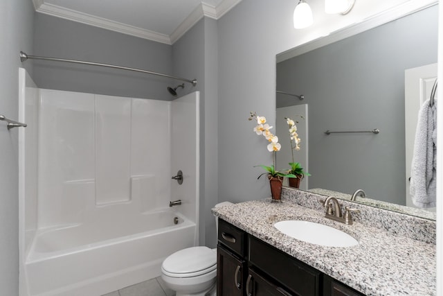 full bathroom with toilet, crown molding, vanity, tile patterned floors, and shower / bathtub combination