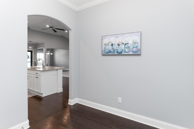 hall featuring sink, ornamental molding, vaulted ceiling, and dark hardwood / wood-style floors