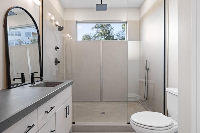 bathroom featuring toilet, a shower, and vanity