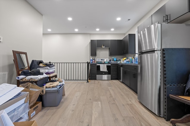 kitchen with light hardwood / wood-style floors, stainless steel appliances, and sink