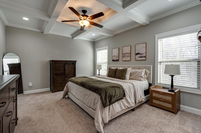 carpeted bedroom featuring beam ceiling, ceiling fan, and coffered ceiling