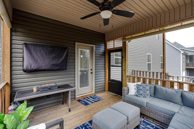 sunroom / solarium featuring ceiling fan and wood ceiling