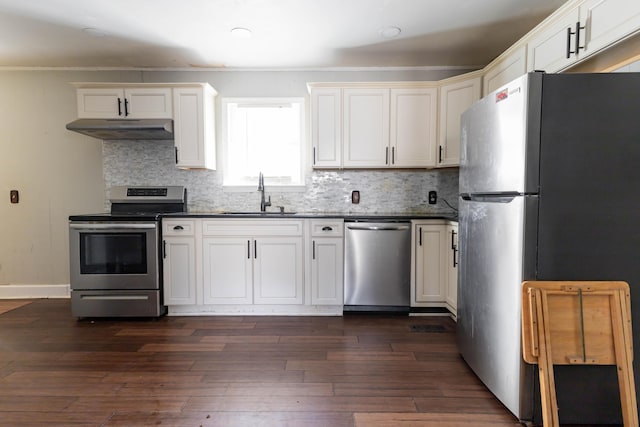 kitchen featuring sink, dark wood-type flooring, stainless steel appliances, and white cabinets