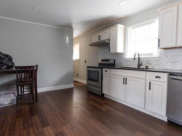 kitchen with white cabinetry, sink, ornamental molding, stainless steel appliances, and plenty of natural light