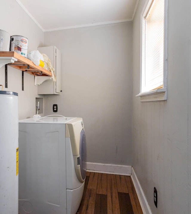 clothes washing area with gas water heater, plenty of natural light, dark hardwood / wood-style flooring, and washer and clothes dryer