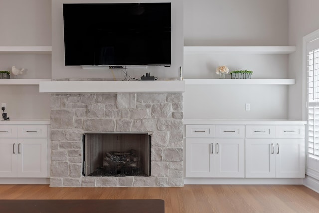 details featuring a stone fireplace, built in features, and wood finished floors