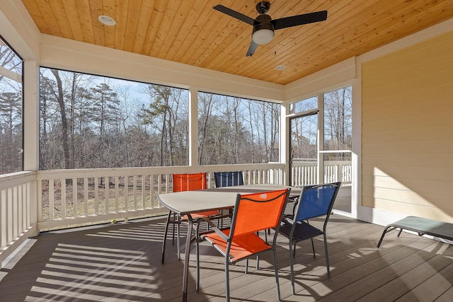 sunroom featuring wooden ceiling and ceiling fan