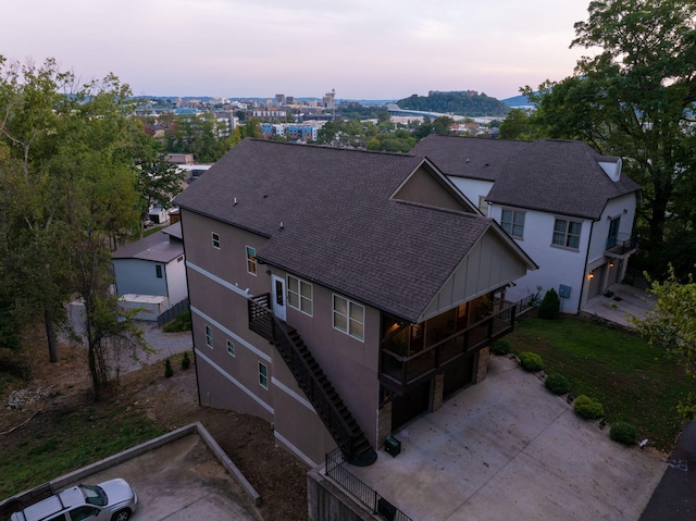 view of aerial view at dusk