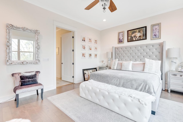 bedroom featuring ceiling fan and light wood-type flooring