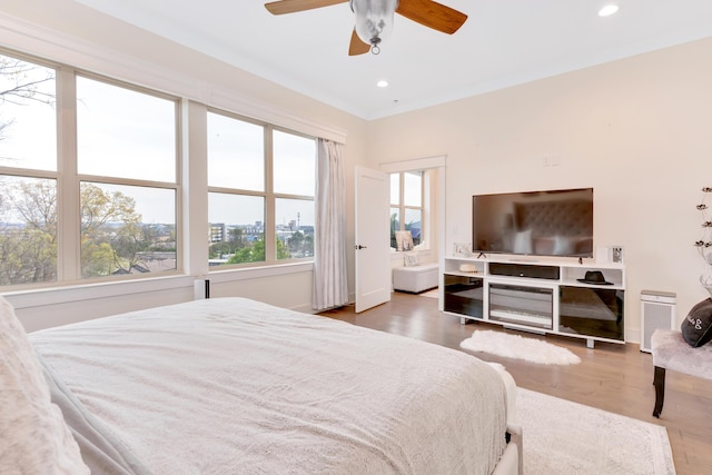 bedroom with ceiling fan and hardwood / wood-style flooring