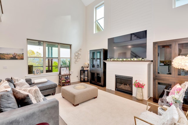 living room featuring light wood-type flooring and a high ceiling