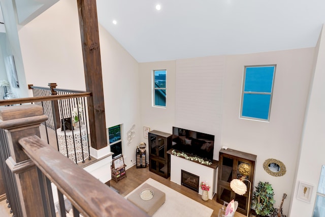 living room featuring wood-type flooring and high vaulted ceiling