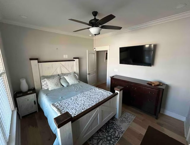 bedroom with wood-type flooring, ceiling fan, and ornamental molding