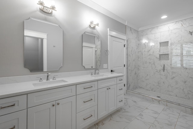 bathroom featuring crown molding, vanity, and a shower with shower door