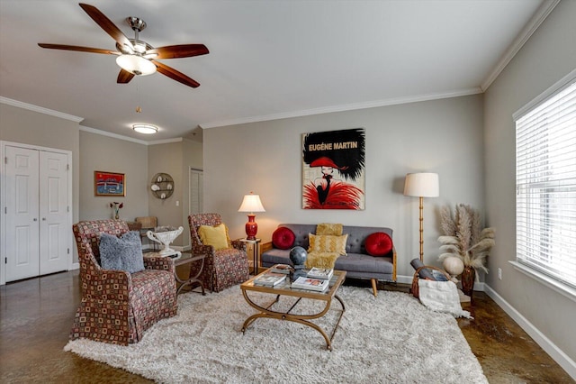 living room featuring a wealth of natural light, crown molding, and ceiling fan