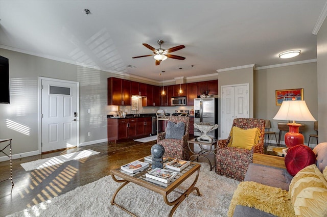 living room featuring ceiling fan and ornamental molding