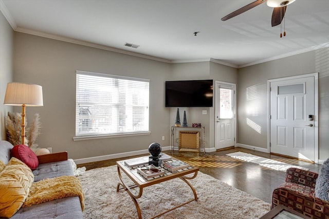 living room featuring ceiling fan and ornamental molding