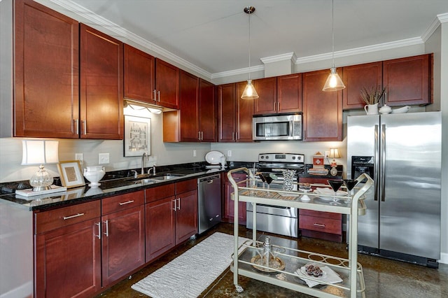 kitchen with sink, ornamental molding, stainless steel appliances, and hanging light fixtures