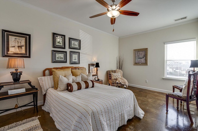 bedroom with ceiling fan and crown molding