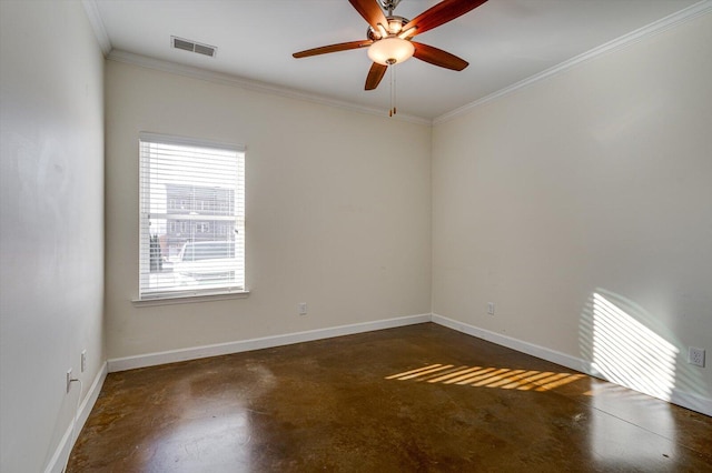 unfurnished room featuring ceiling fan and ornamental molding