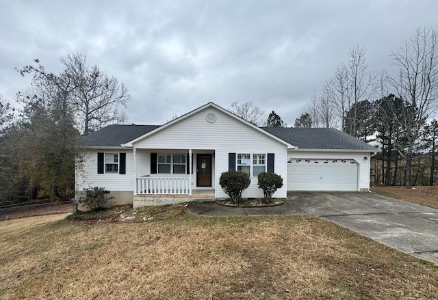 ranch-style house with a porch, a garage, and a front lawn