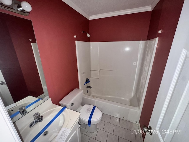 full bathroom with vanity, tile patterned floors, crown molding, toilet, and shower / bathtub combination