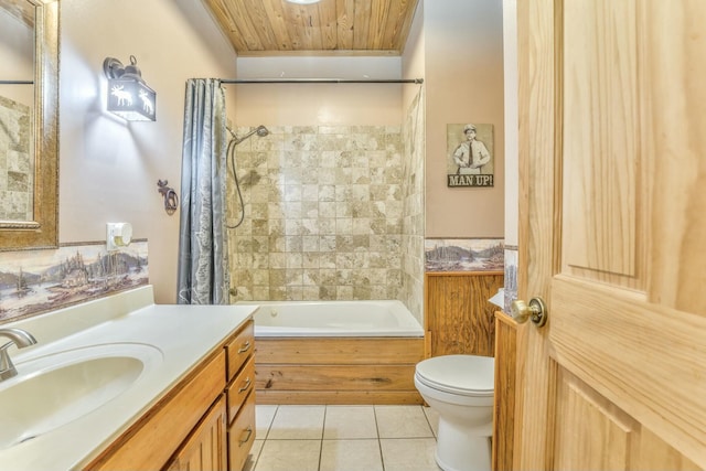 full bathroom with toilet, tile patterned flooring, shower / tub combo, wooden ceiling, and vanity