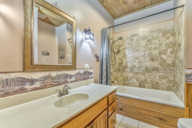 full bathroom with wooden ceiling, tile patterned flooring, toilet, shower / bath combination with curtain, and vanity