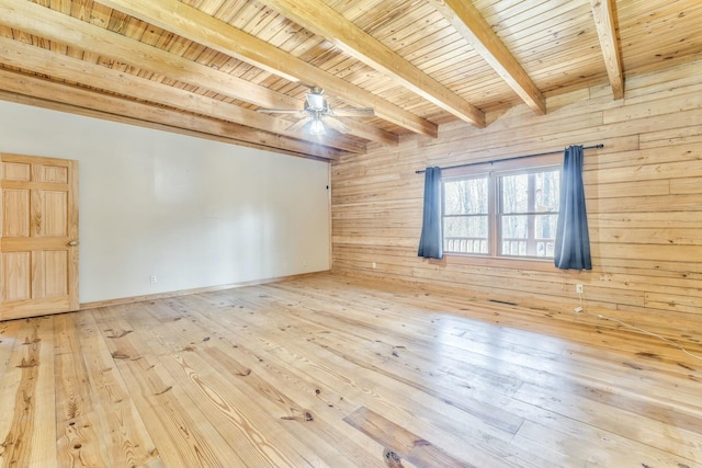 unfurnished room featuring wooden walls, beamed ceiling, ceiling fan, hardwood / wood-style flooring, and wood ceiling