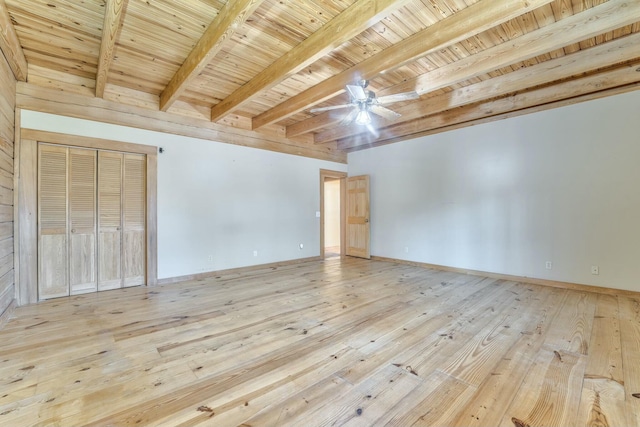 interior space featuring ceiling fan, beam ceiling, light hardwood / wood-style floors, and wood ceiling