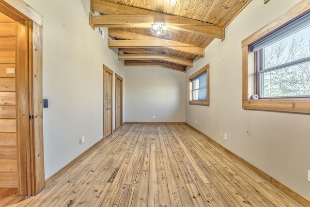 empty room featuring wood ceiling, light hardwood / wood-style flooring, and vaulted ceiling with beams