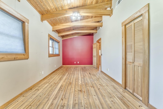 unfurnished bedroom with lofted ceiling with beams, wooden ceiling, and light hardwood / wood-style flooring