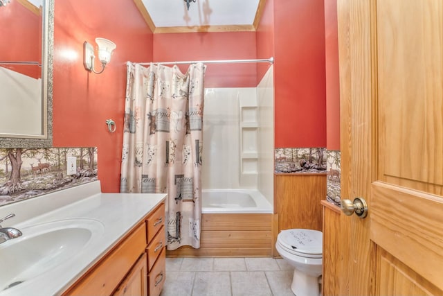 full bathroom featuring toilet, tile patterned flooring, shower / bath combination with curtain, and vanity