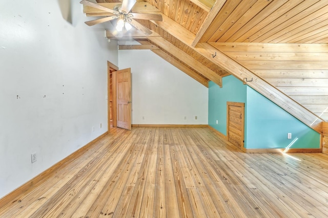 bonus room with lofted ceiling, light wood-type flooring, ceiling fan, and wooden ceiling