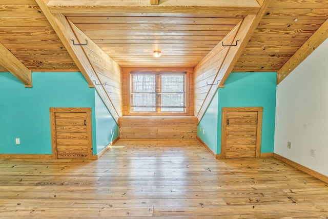 bonus room with light hardwood / wood-style floors, wooden ceiling, and beam ceiling