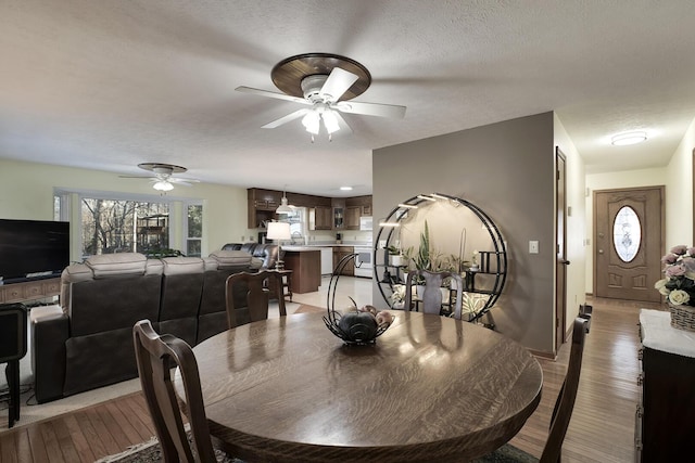 dining space featuring ceiling fan, light hardwood / wood-style floors, and a textured ceiling