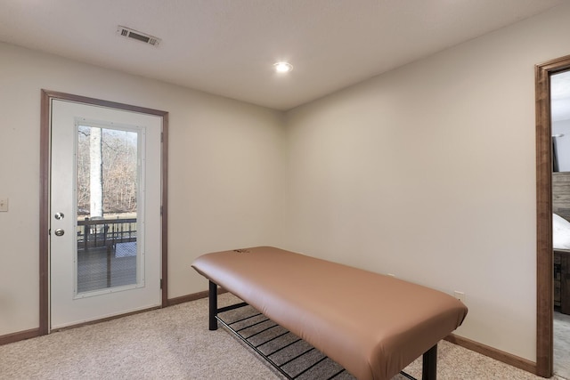 home office with light colored carpet